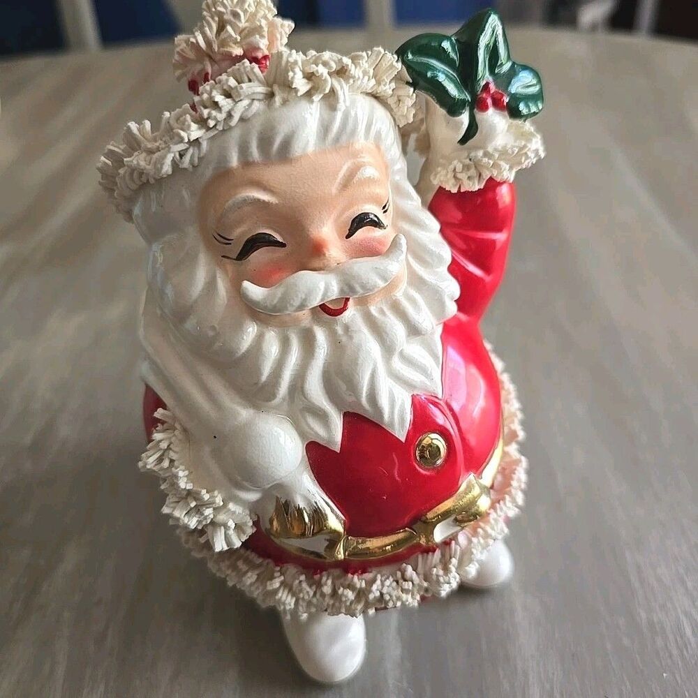 Vintage Christmas Santa Claus ceramic bank figurine Napco 7" spaghetti trim 50s